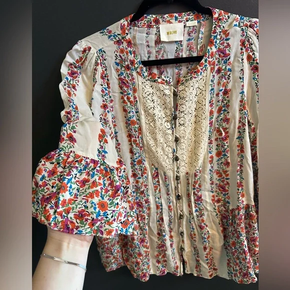Anthropologie | Maeve Floral Peasant Top | Bell Sleeves | Button | Lace | Size 4 - Picture 2 of 7